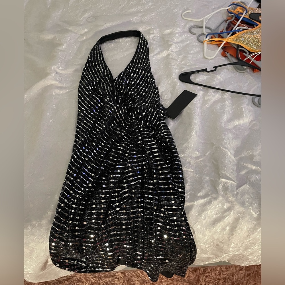 Shiny black mini dress